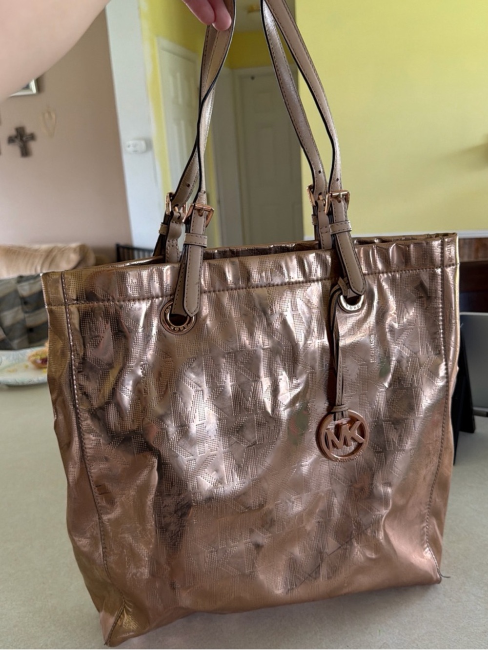 Michael Kors Metallic Rose Gold Tote with MK Charm